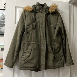 Express olive green waist length jacket with detachable hood